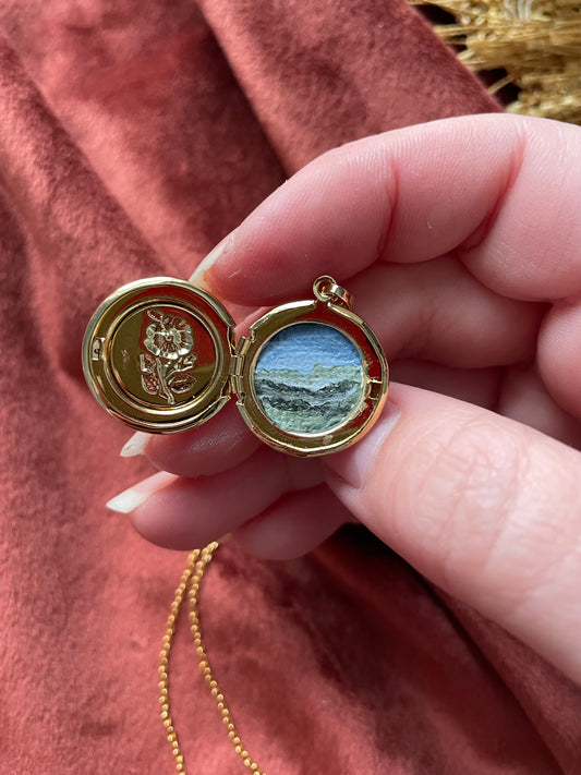 “Hills” Gold Locket with Miniature Original Painting