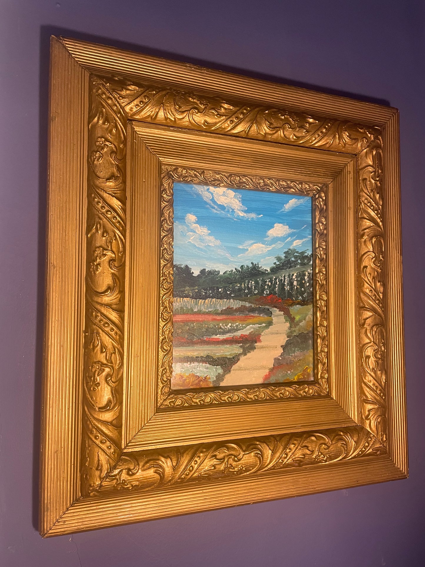 “Garden” Original Impressionist Painting in Museum-Quality Antique Frame (circa 1860s)