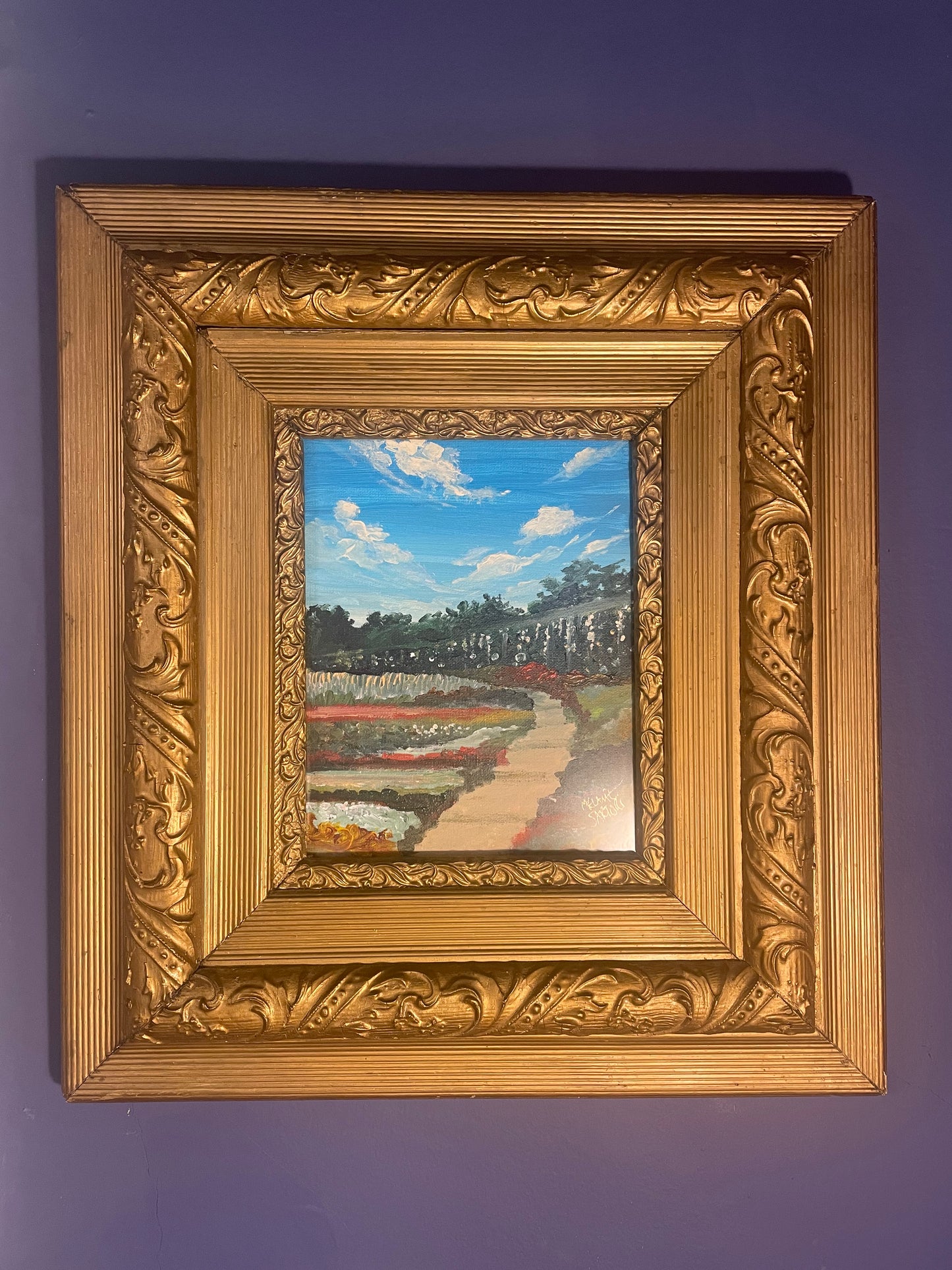 “Garden” Original Impressionist Painting in Museum-Quality Antique Frame (circa 1860s)