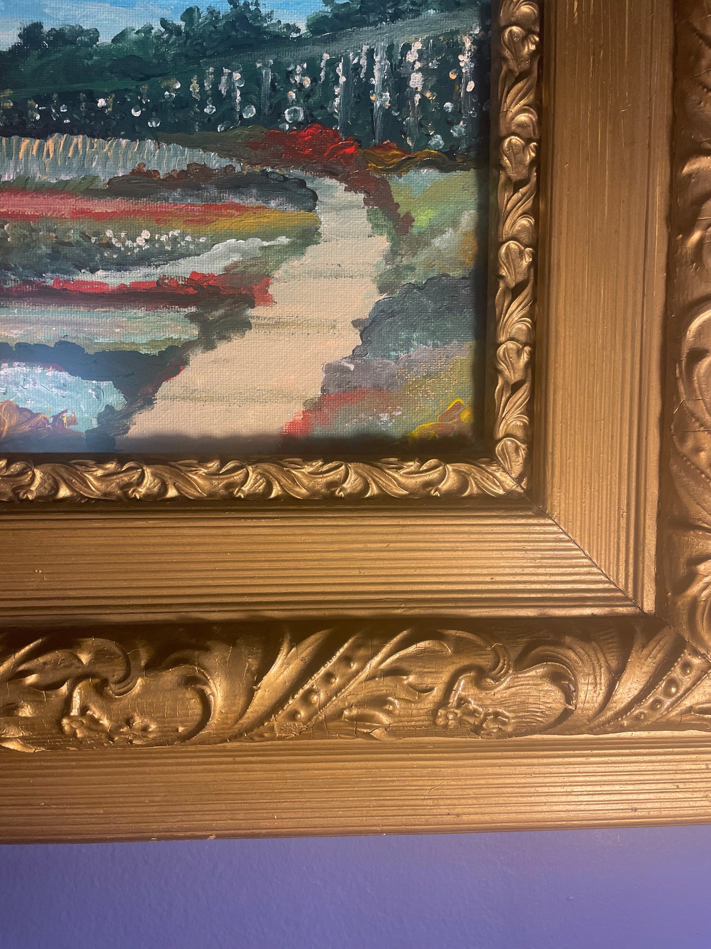 “Garden” Original Impressionist Painting in Museum-Quality Antique Frame (circa 1860s)