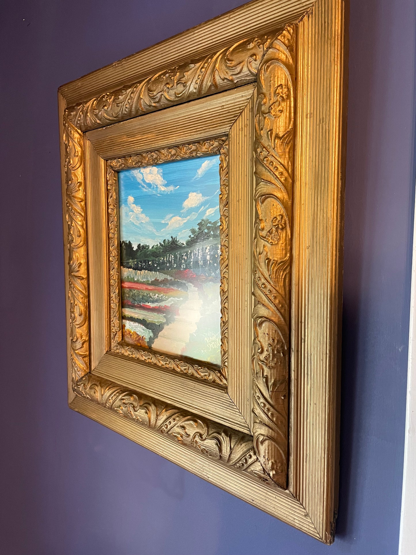 “Garden” Original Impressionist Painting in Museum-Quality Antique Frame (circa 1860s)