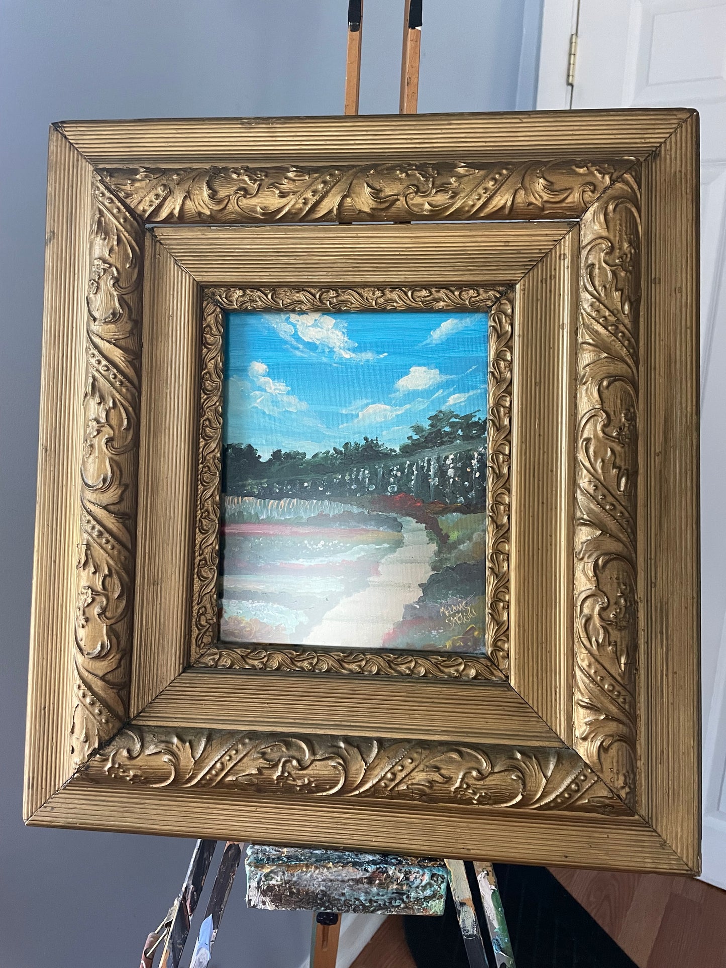 “Garden” Original Impressionist Painting in Museum-Quality Antique Frame (circa 1860s)