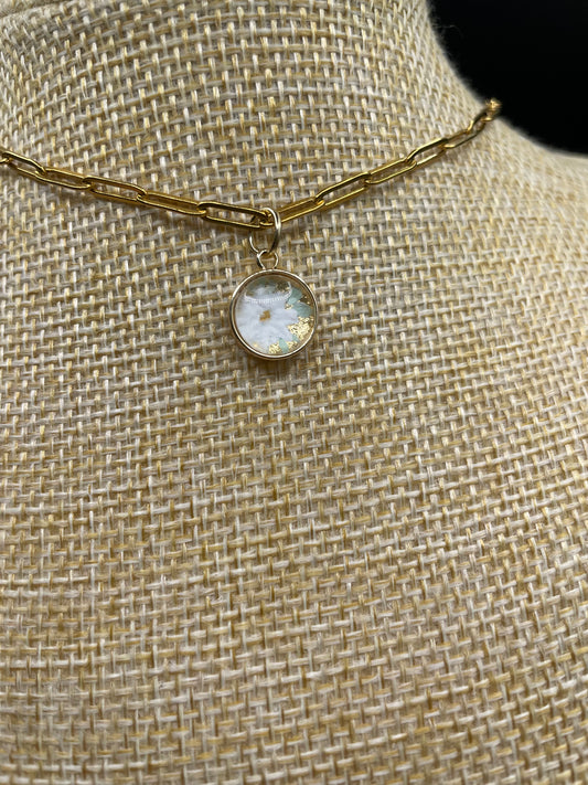 “Jean” White Floral Gold Leaf Necklace