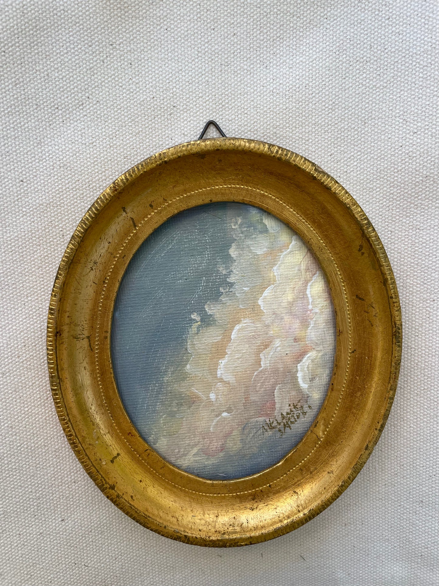 “Pink Clouds” Miniature Original Painting in Vintage Frame