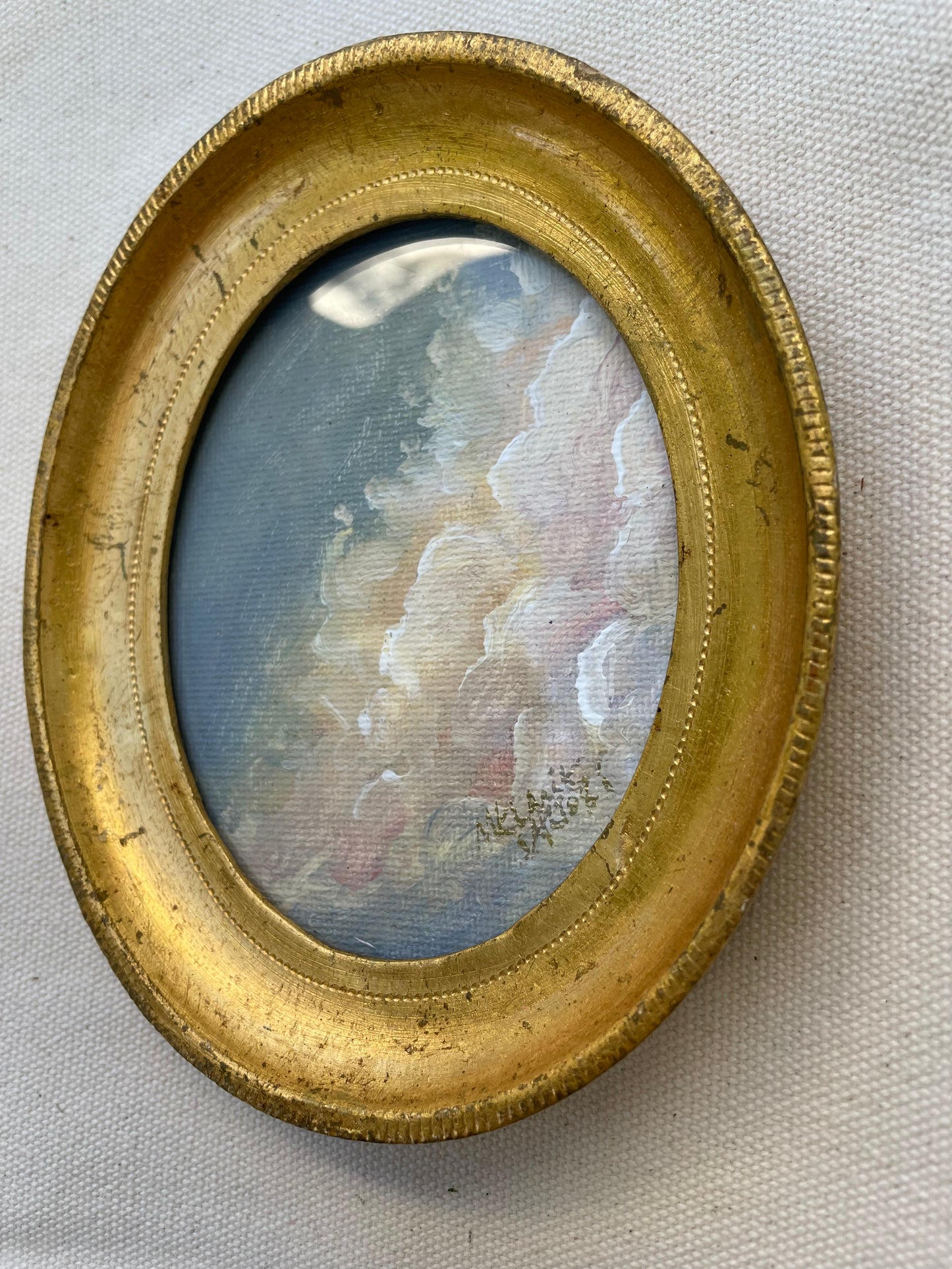 “Pink Clouds” Miniature Original Painting in Vintage Frame