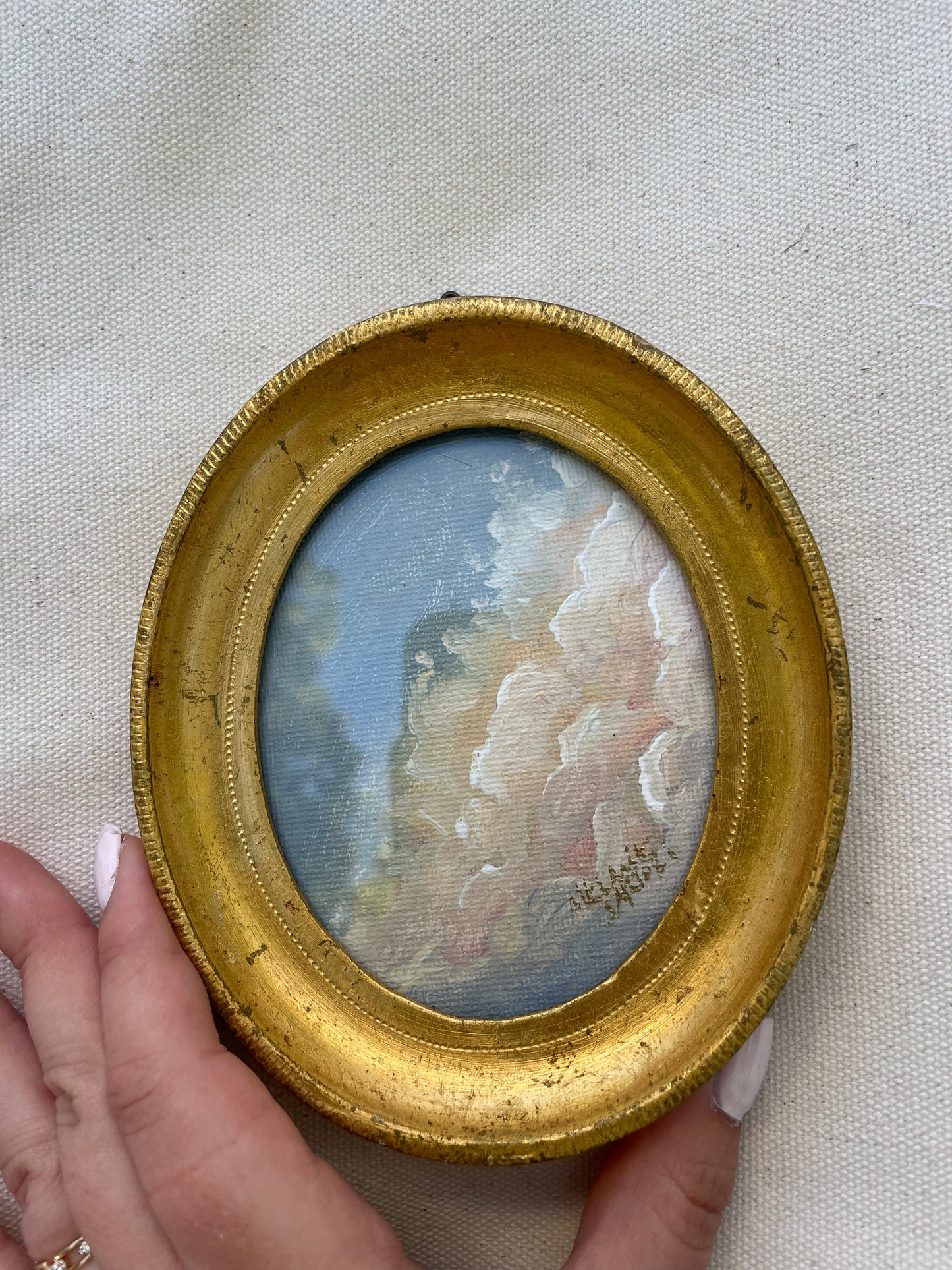 “Pink Clouds” Miniature Original Painting in Vintage Frame